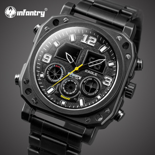 INFANTRY Mens Digital Wrist Watch Sport Luxury Watches Military Pilot Wristwatch Date Day Chronograph Black Stainless Steel Strap