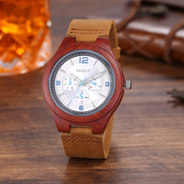 High-quality brand fashion men's six-stitch red sandalwood single-shell white watches, sports watches. Wooden watch, quartz watch.