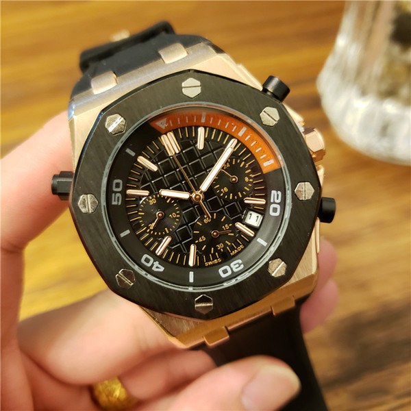 Hot selling swiss brand luxury watches for men ROYAL AAA quality Chronograph all functional OAK Offshore watch waterproof rubber strap watch