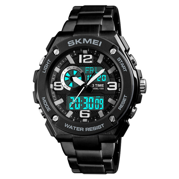 SKMEI 1333 New Men Outdoor Sport Watches Men 50M Waterproof Stainless Steel Chronograph 3 Times Digital Watch Man Wristwatches