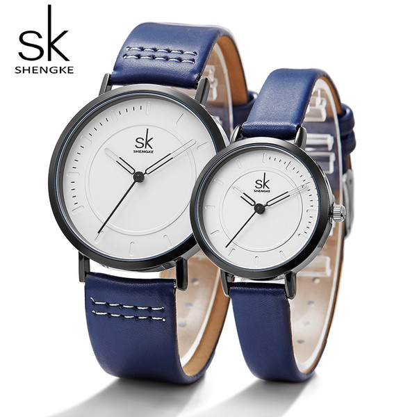 Shengke Watch Quartz Men's Ladies Wrist Watches Analog Blue Fashion Simple Leather Strap Valentine Love Birthday Gift Couple