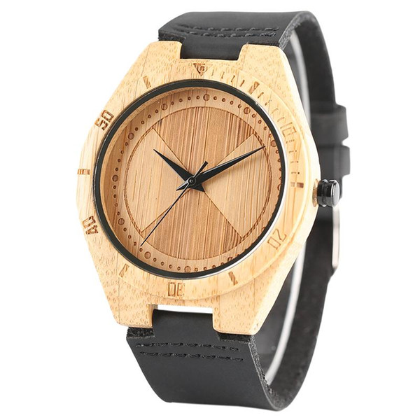 Simple Bamboo Wood Mens Quartz Wrist Watch Casual Sport Black Genuine Leather Band Gift for Male