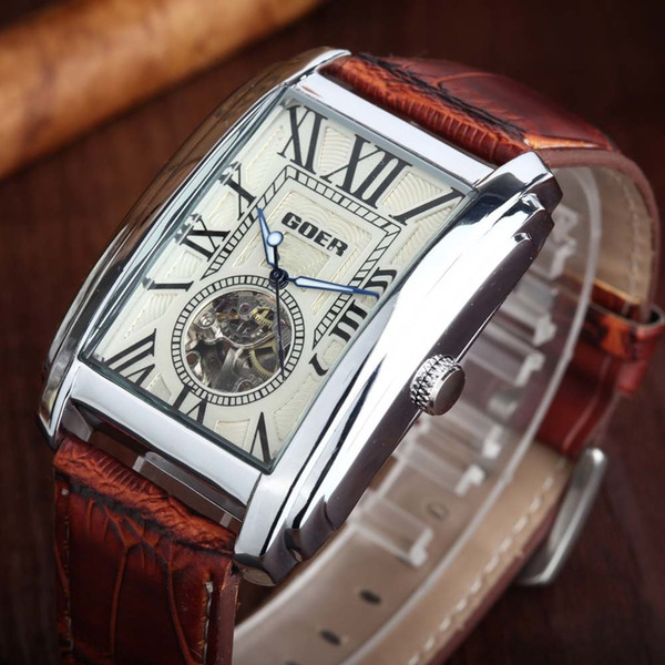 GOER Relogio Masculino Top Brand Luxury Skeleton Watches Men Leather Band Rectangle Automatic Mechanical Wrist Watches For Men D18100706