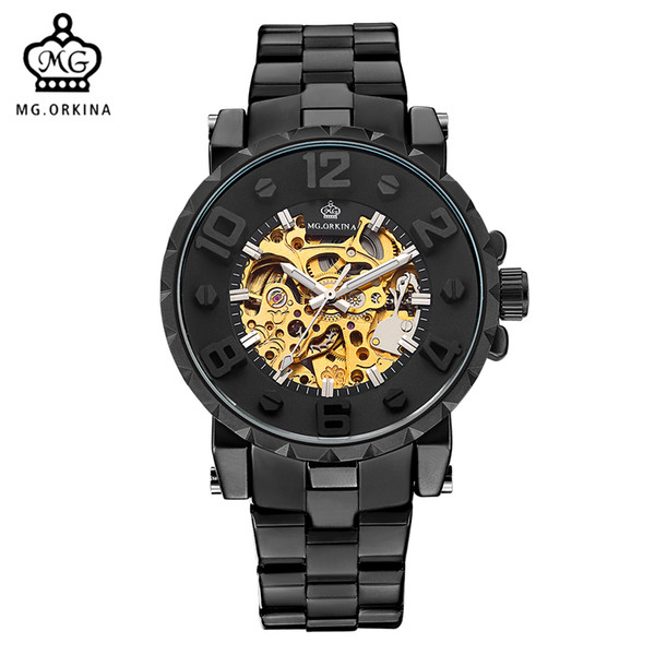 MG. ORKINA Men Wristwatch Golden Skeleton Clock Mechanical Male Wrist Watch Black Relogio Masculino Automatic Zegarek Meski S923