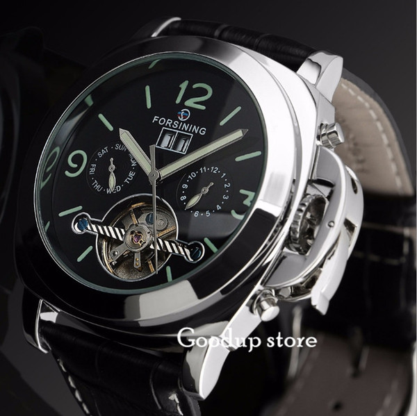 men Watches FORSINING 40mm black dial watch tourbillon six-needle automatic machine calendar belt watch wholesale