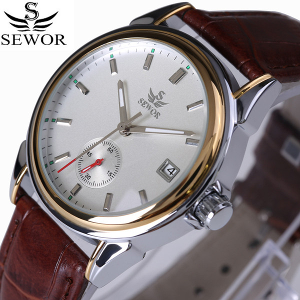 SEWOR fashion design men's watch leather strap stainless steel strap stainless steel bezel automatic mechanical watch calendar mechanical wa