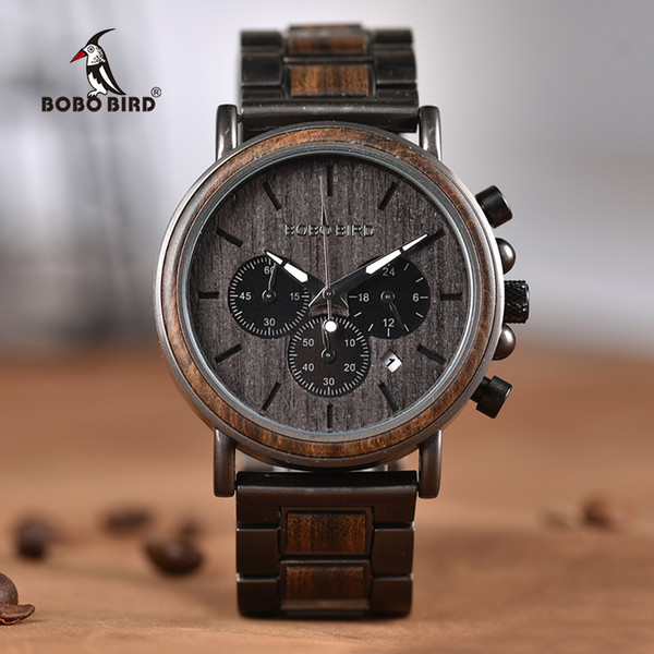 BOBO BIRD Q26-1 Luxury Unique Wood Dial Watches Men Clock Functional Stainless Steel Stop Watch saat with Date Display