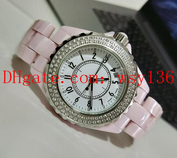 Luxury New AAA High Quality Mens Watch Diamond Pink Ceramic Bracelet White Dial Men's Quartz Movement Wrist Watches