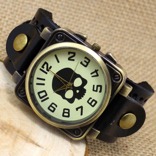 Hot Sale Black/Brown Steampunk Skull Leather Band Watch Men Quartz Casual Watch Cool Boy Bracelet Watches