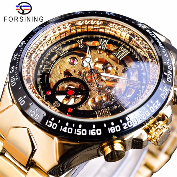 Forsining Stainless Steel Classic Series Transparent Golden Movement Steampunk Men Sport Mechanical Skeleton Watches Top Brand Luxury