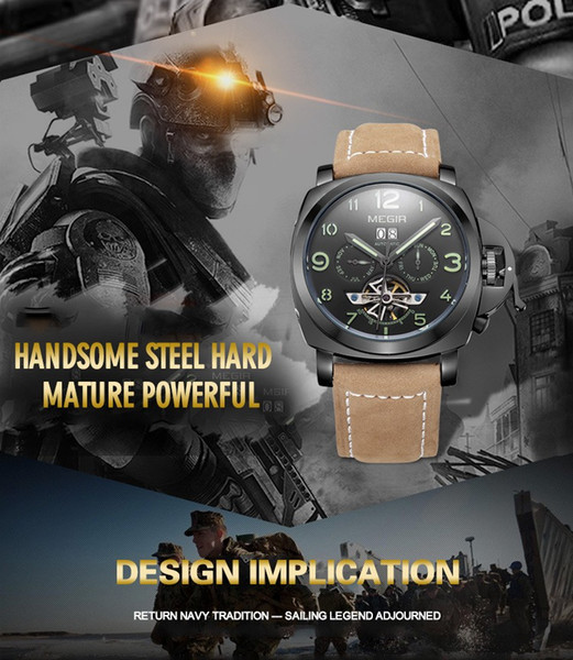 US Combat troops mens mechanical wrist watch luxury brand fashion modern new calendar week Months high quality leather watches for men