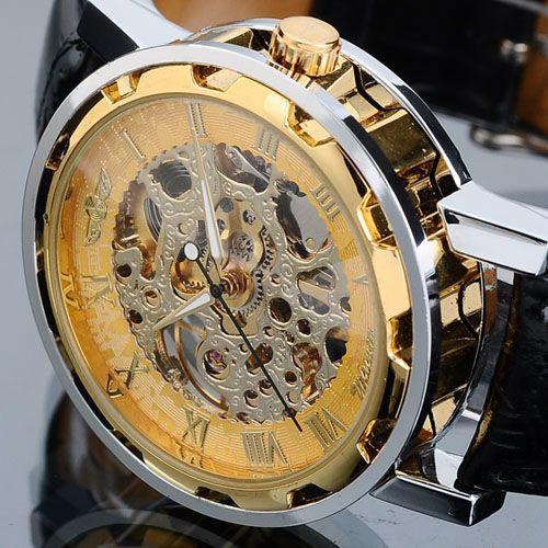 Lowest Price Luxury Men Mechanical Watch women Mechanical Skeleton Gold Sliver wristwatch Winner Hollow Stainless Steel Black Leather Band