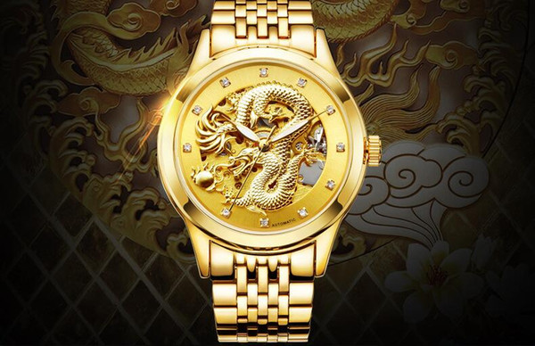 Dragon Skeleton Automatic Mechanical Watches For Men Wrist Watch Stainless Steel Strap Gold Clock 50m Waterproof Luminous pointer AM18008