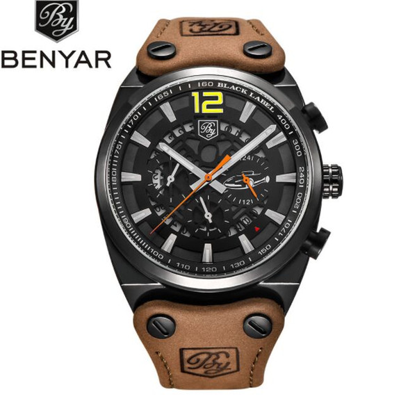 Benyar Men Genuine Leather Band Waterproof 30m 6 Hands Chronograph Casual Quartz Watch BY-5112