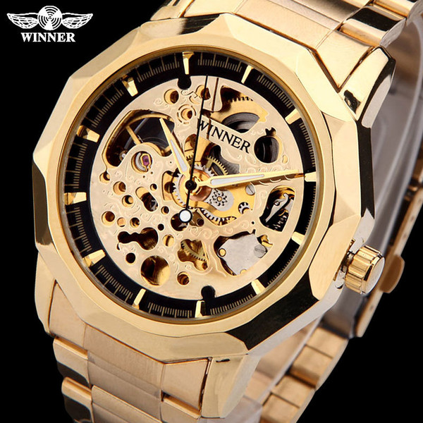 WINNER brand watches men mechanical skeleton wrist watches fashion casual automatic wind watch gold steel band relogio masculino D18100709