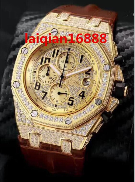 Free Shipping New Full iced out quartz chronograph full works watch mens brand luxury wristwatch brown leather band gold stainless steel OS