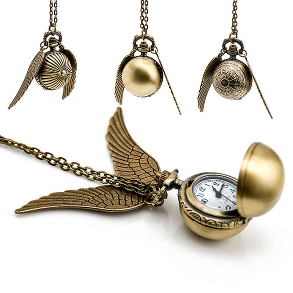 Harry Golden Snitch Pocket Watch Antique Bronze Wing Ball Pendant Necklace Chains Potter Fashion Jewelry Fans Gift