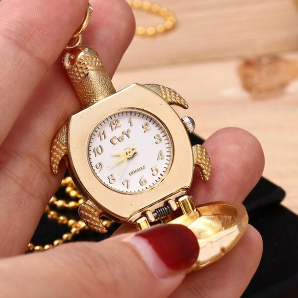 2018 Cute little Turtle pocket watches Cartoon golden tortoise necklace watch Alloy chain hanging pocket quartz watch Kids Children's Gift