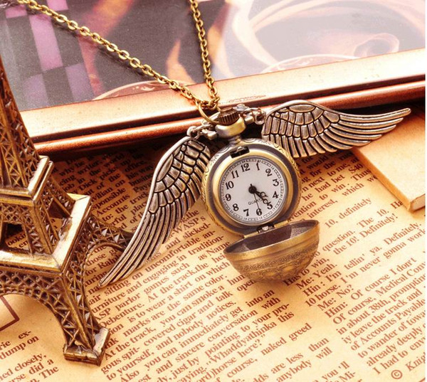 Hot sale lot of 10PCS Vintage bronze pocket Watch Steampunk Quidditch Pocket Wings Necklace Chain Free Shipping