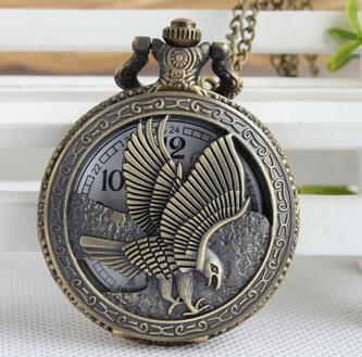 Wholesale -2018 New Bronze Hollow Eagle Quartz Pocket Watch Pendant Necklace Men's and Women's Day Gift