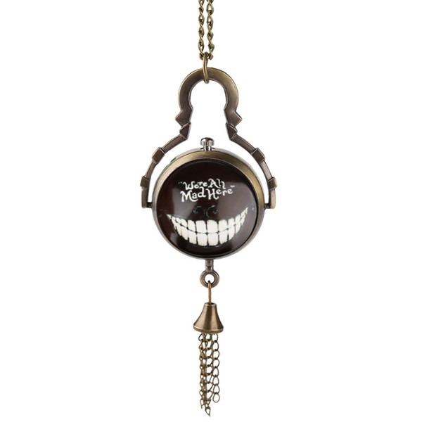 Alice in Wonderland Theme Open Face Ball Shape Pocket fob Watch Black/Bronze/Gold Pendant Quartz Gift Women Men Fashion Necklace