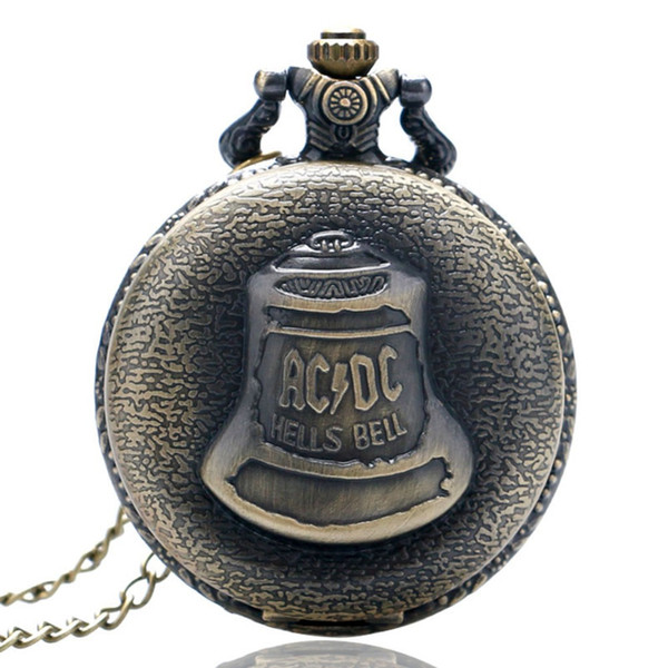 Vintage Bronze Retro Kongfu Shao Lin Temple Big ACDC Hells Bell Pocket Watch with Chain Necklace for Men Women Friends