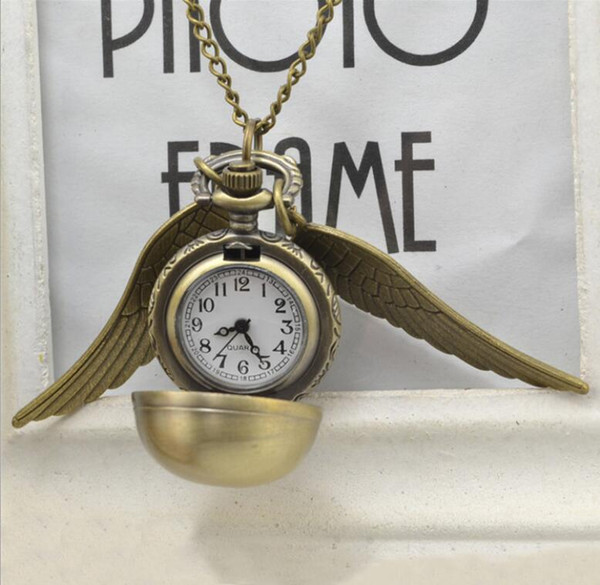 Newest Harry Golden Snitch Pocket Watch Antique Bronze Wing Ball Pendant Necklace Chains Potter Fashion Jewelry Fans Gift