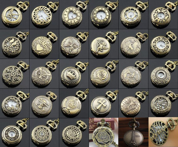 Wholesale 100pcs/lot Mix 30 Designs Case Dia 2.5CM Pendant Chain Quartz Bronze Small Crown Watch Pocket Watch PW048