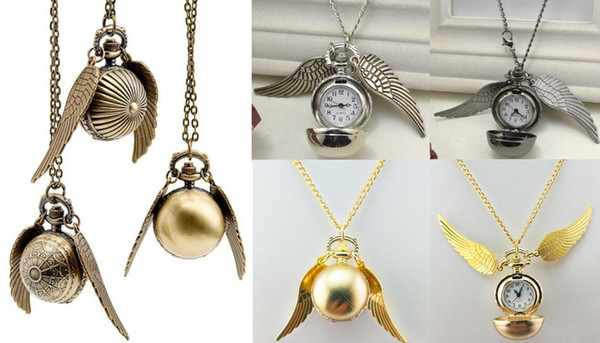 Wholesale Gold Pocket Watch Antique Bronze Big Wing Ball with Pendant Necklace Chain