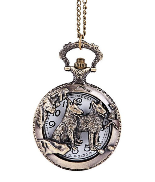 Wholesale 100pcs/lot Quartz watches Necklace Chain Bronze Dog pocket watches PW064