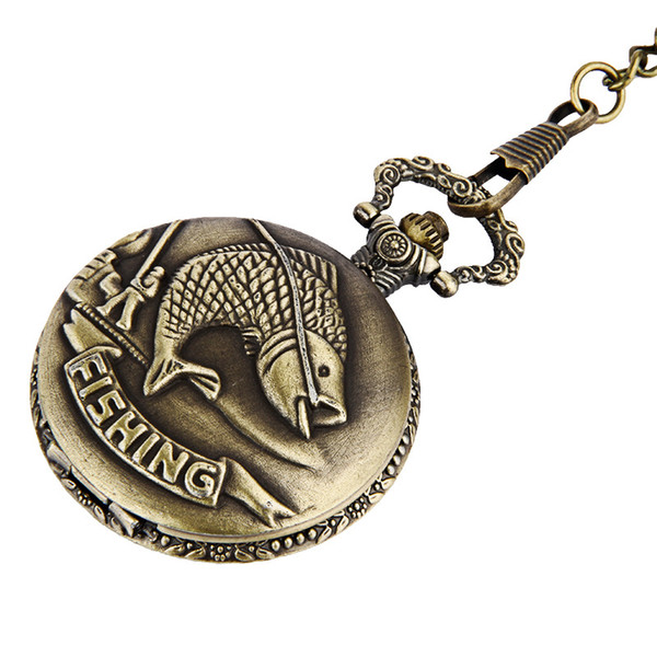 Wholesale 100pcs/lot classic Fishing watch vintage pocket watch necklace Men Women antique Bronze watch PW068