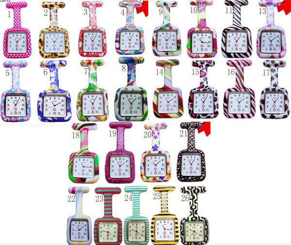 Wholesale 800pcs/lot 26colors Square Colorful Prints Silicone Nurse watch Pocket Watches Doctor Fob Quartz Watch Kids Gift Watches NW016