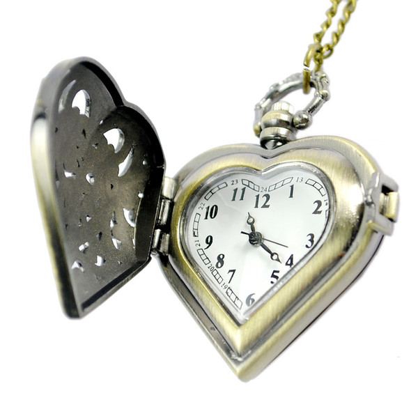 Wholesale 100pcs/lot Heart hollow pocket watch pocket watch Dial Pendant Necklace Chain Quartz Pocket Watch PW112