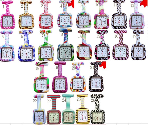 Wholesale 1000pcs/lot 26colors Square Colorful Prints Silicone Nurse watch Pocket Watches Doctor Fob Quartz Watch Kids Gift Watches NW017