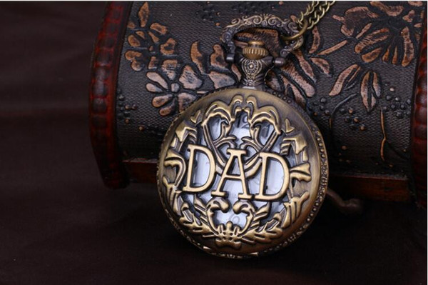 Wholesale 100pcs/lot Antique Bronze Dad Pattern Quartz Pocket Watch with Necklace Fob Watch Father's Day Gift PW040