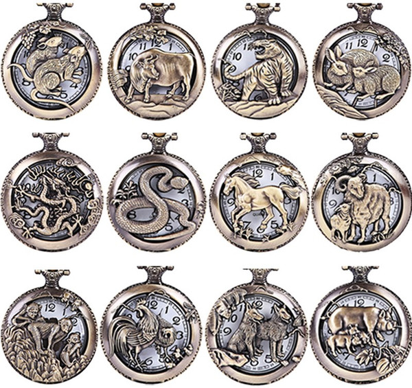 Wholesale 50pcs/lot Mix 12 designs Animals Dial Pendant Necklace Chain Quartz Pocket Watch PW089