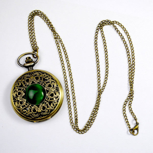 100pcs/lot Classic green cat eye large pocket watch carved hollow flip pocket watch Dial Pendant Necklace Chain Quartz Pocket Watch PW020