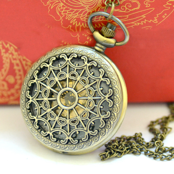 Wholesale 50pcs/lot Cobwebs hollow Dial Pendant Necklace Chain Quartz Case Diamater 4.5CM Pocket Watch PW017