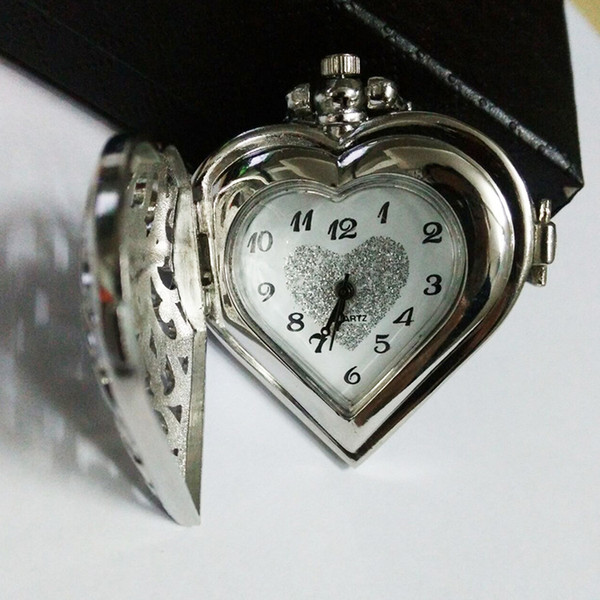 50pcs/lot Heart hollow pocket watch pocket watch Dial Pendant Necklace Chain Quartz Pocket Watch PW069