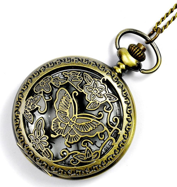 Wholesale 100pcs/lot watch vintage pocket Butterfly watch necklace Men Women antique Bronze watch PW078