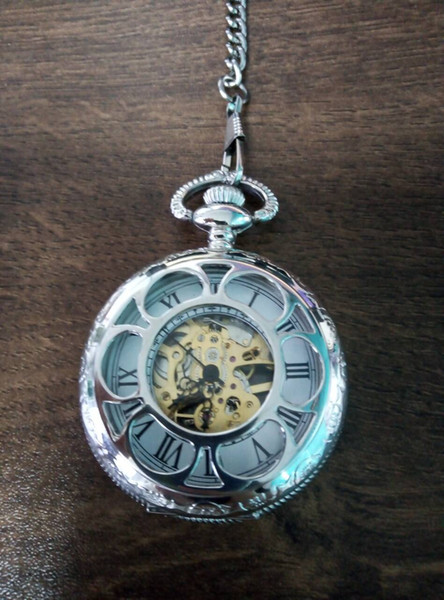 Wholesale 20pcs/lot Men perspective Hollow mechanical watches mechanical Roman pocket watch Pw002