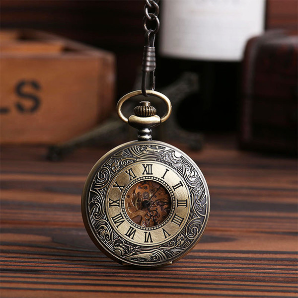 Wholesale 20pcs/lot Men perspective Hollow mechanical watches mechanical Roman pocket watch Pw001