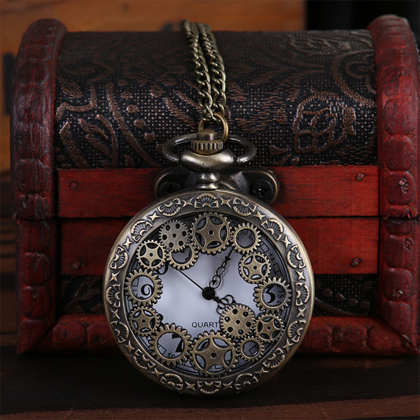 Wholesale 100pcs/lot Pendant Chain Quartz Bronze Watch Gears Hollow Pocket Watch PW004