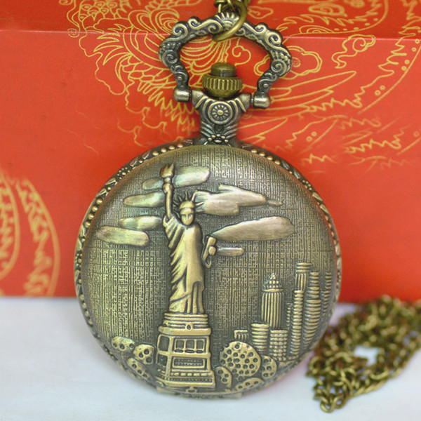 Wholesale 50pcs/lot bronze statue of liberty Quartz Pocket Watch Pendants Jewelry Necklaces PW152