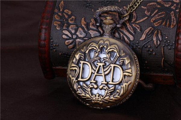 Wholesale 50pcs/lot Antique Bronze Dad Pattern Quartz Pocket Watch with Necklace Fob Watch Father's Day Gift PW039