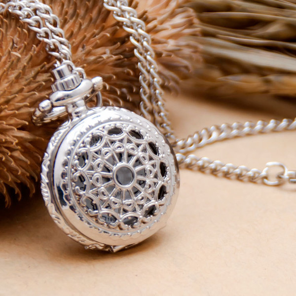 Wholesale 100pcs/lot Cobwebs hollow Dial Pendant Necklace Chain Quartz Case Diamater 2.5CM Pocket Watch PW094