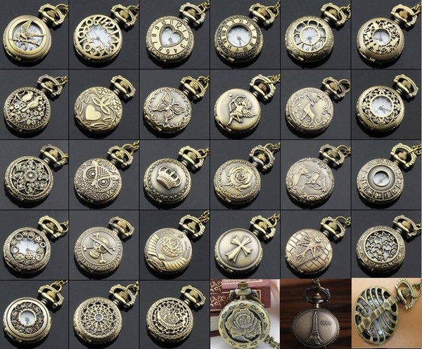 Wholesale 50pcs/lot Mix 30 Designs Case Dia 2.5CM Pendant Chain Quartz Bronze Small Crown Watch Pocket Watch PW047