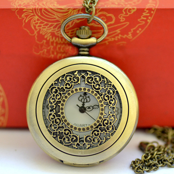 Wholesale 50pcs/lot Pendant Chain Quartz Bronze Watch Hollow Pocket Watch PW115