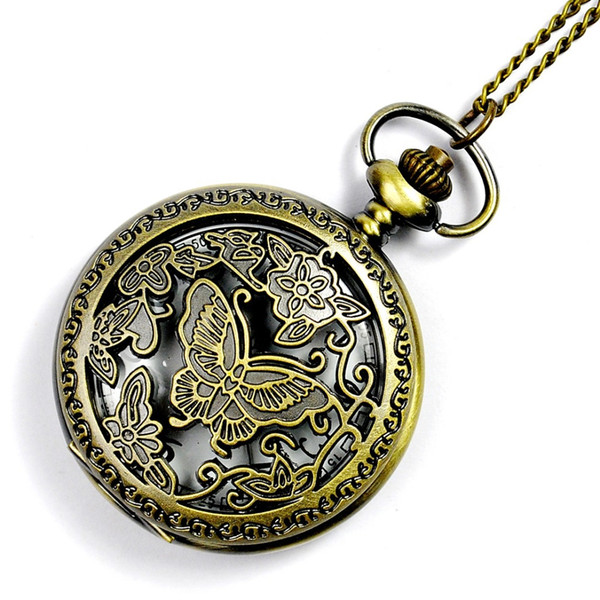 Wholesale 50pcs/lot watch vintage pocket Butterfly watch necklace Men Women antique Bronze watch PW077