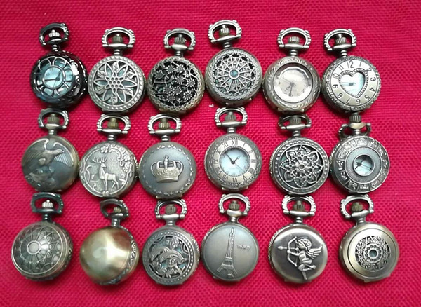 Wholesale 50pcs/lot Mix 18 Designs Case Dia 2.5CM Pendant Chain Quartz Bronze Small Crown Watch Pocket Watch PW123